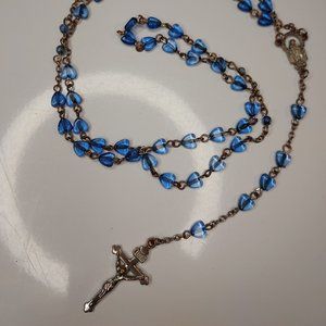 vintage Glass blue heart Rosary 28" Religious wear